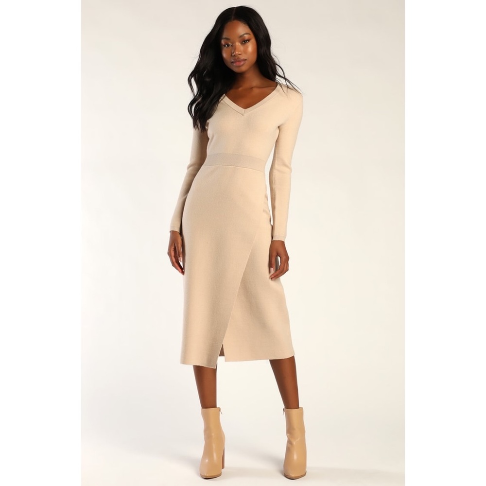 NWOT Lulus Knit's My Life Beige Long Sleeve Midi Sweater Dress Small